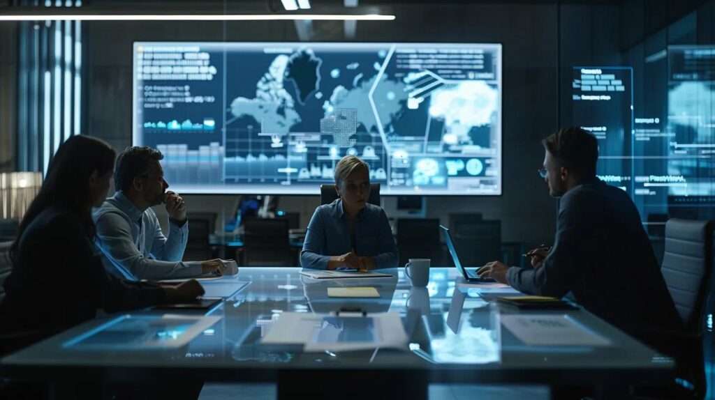 a focused team of professionals collaborates around a sleek conference table, surrounded by documentation and digital tools, meticulously preparing for an iso 27001 gap analysis in a modern, well-lit office environment.