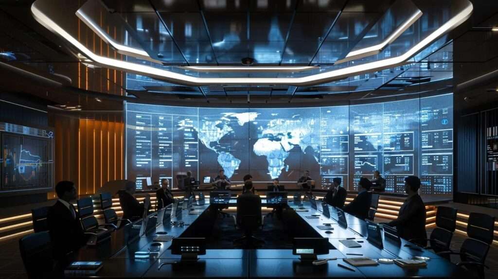 a modern office environment features a sleek conference room with a diverse team engaged in a strategic discussion around a table, surrounded by digital screens displaying iso 27001 compliance charts and documents, emphasizing the importance of systematic review and training in maintaining security standards.