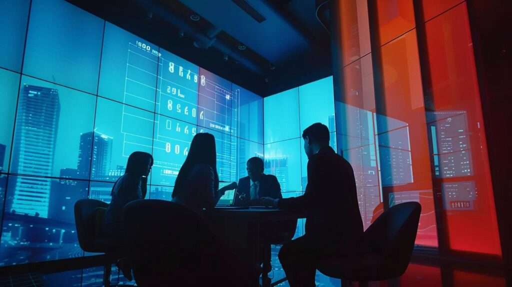 a modern office interior featuring a focused team collaborating over a large digital screen displaying a detailed iso 27001 gap analysis chart, illuminated by bright, artificial lighting that emphasizes their engaged expressions and dynamic discussion.