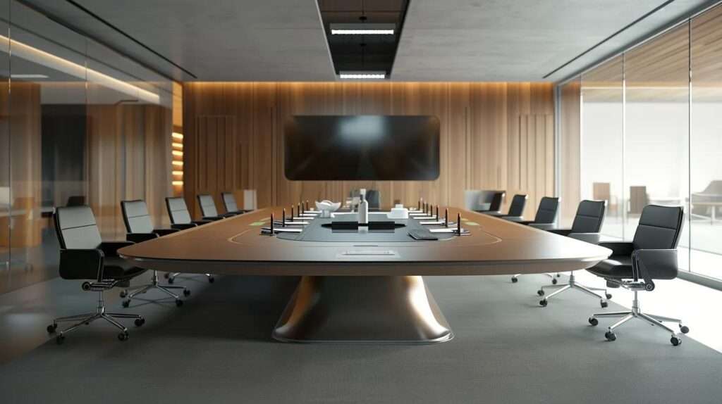 a modern office workspace features a sleek conference table, surrounded by professionals engaging in a strategic discussion about iso 27001 certification renewal, with documents and digital devices displaying information security frameworks prominently on the table.