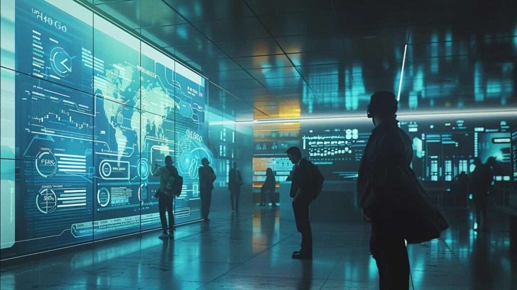 a modern, sleek office environment features a diverse team engaged in a strategic planning meeting around a digital display showcasing iso 27001 compliance metrics, with vibrant infographics that emphasize ongoing security awareness and audit schedules.