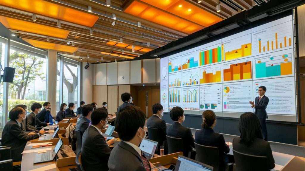 a sleek, modern conference room with a large digital display showcasing a colorful infographic and analytics on iso 27001 gap analysis results, surrounded by engaged professionals in business attire discussing strategies.