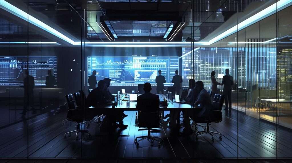 a sleek office interior showcases a focused team gathered around a modern conference table, analyzing data on digital screens while discussing the implementation of iso 27001 compliance measures, illuminated by bright artificial lighting that highlights their determination and teamwork.