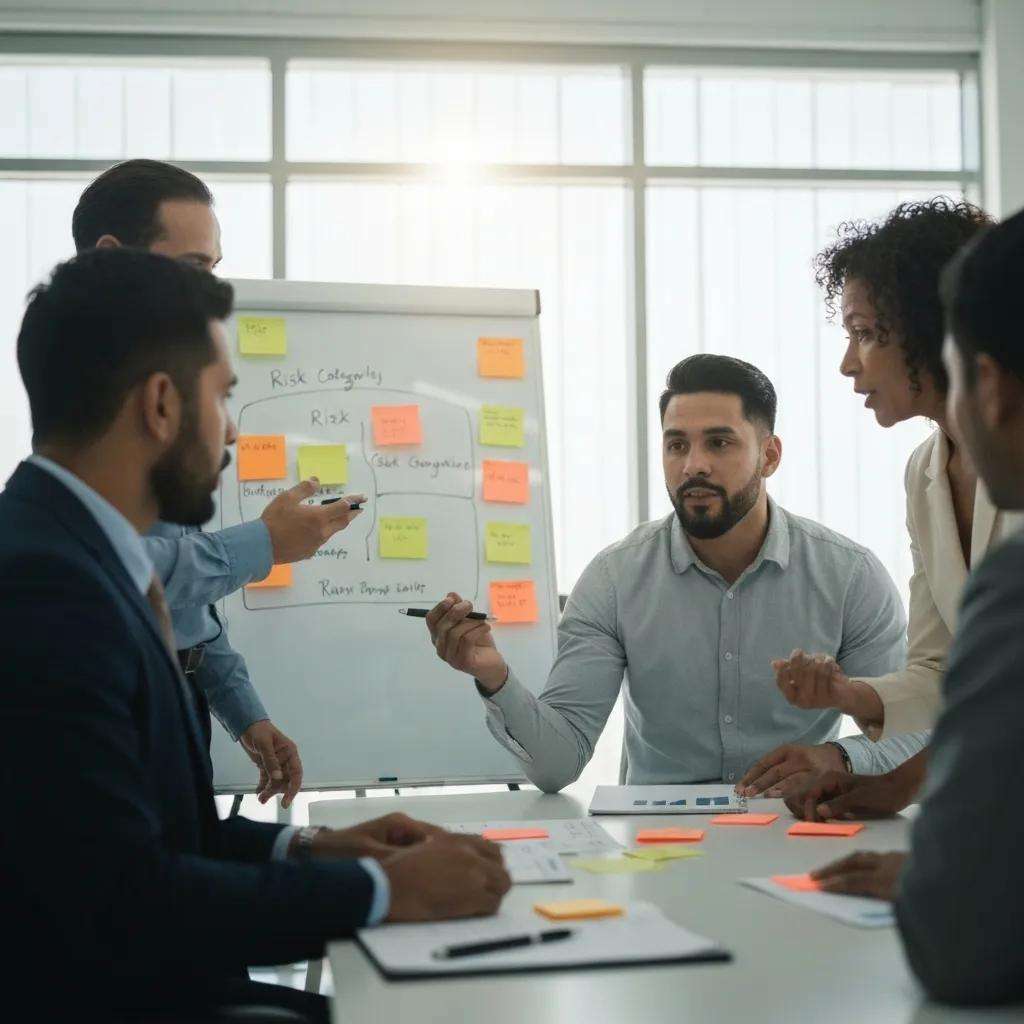 Professionals evaluating and prioritizing risks in a collaborative meeting