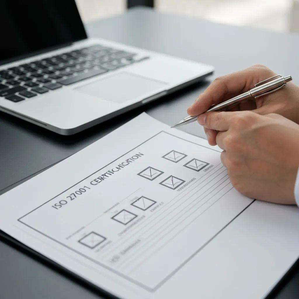 IT manager reviewing ISO 27001 certification checklist and documents