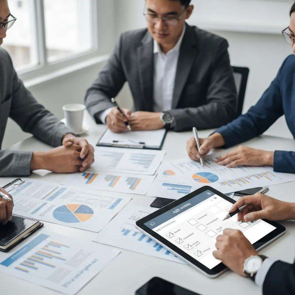 Professionals engaged in planning an ISO 27001 internal audit with documents and digital devices