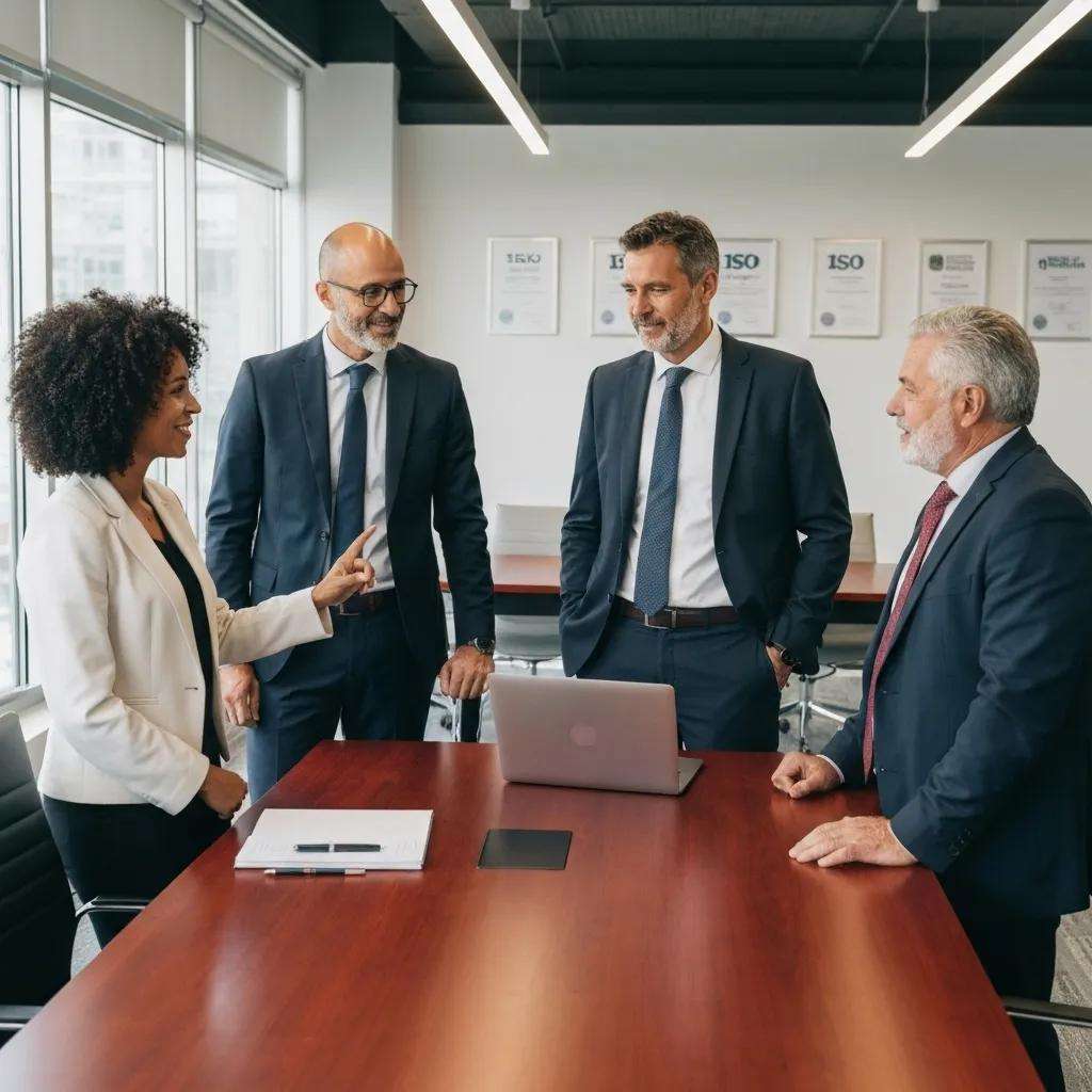 Business professionals discussing ISO certification and accreditation in a modern office