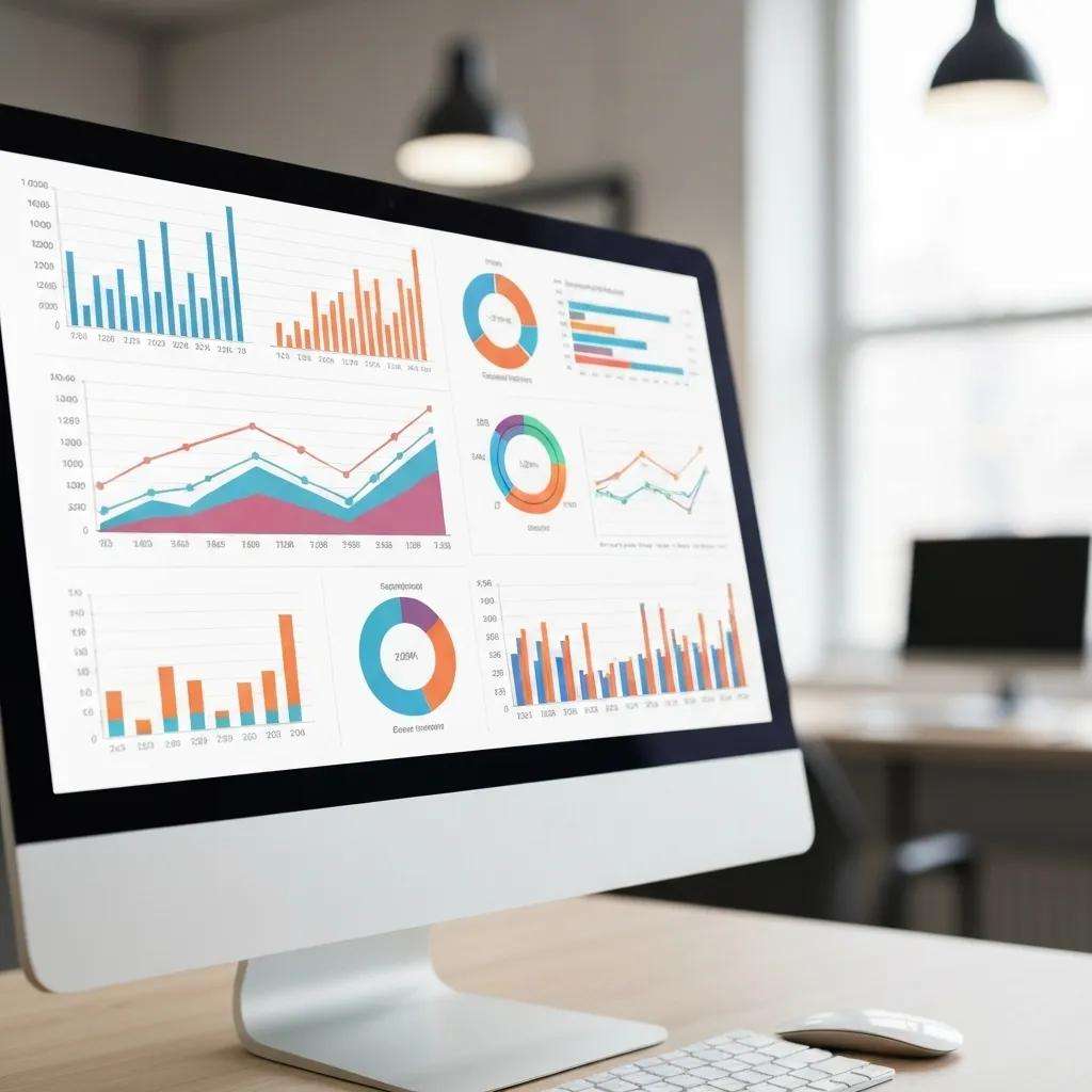 Computer screen displaying colorful graphs of ISO 27001 audit KPIs