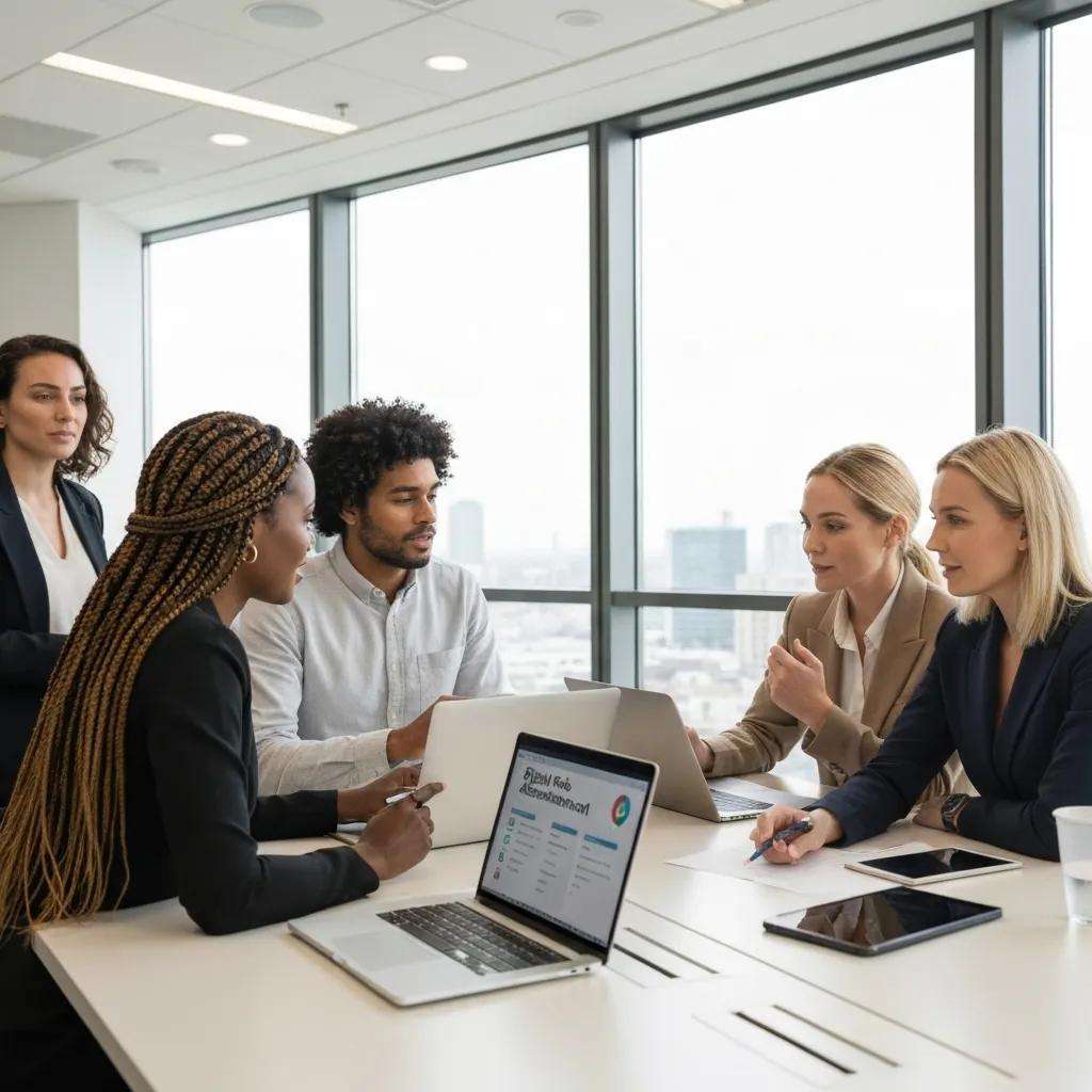 Team collaborating on ISO 27001 risk assessment checklist in a modern office