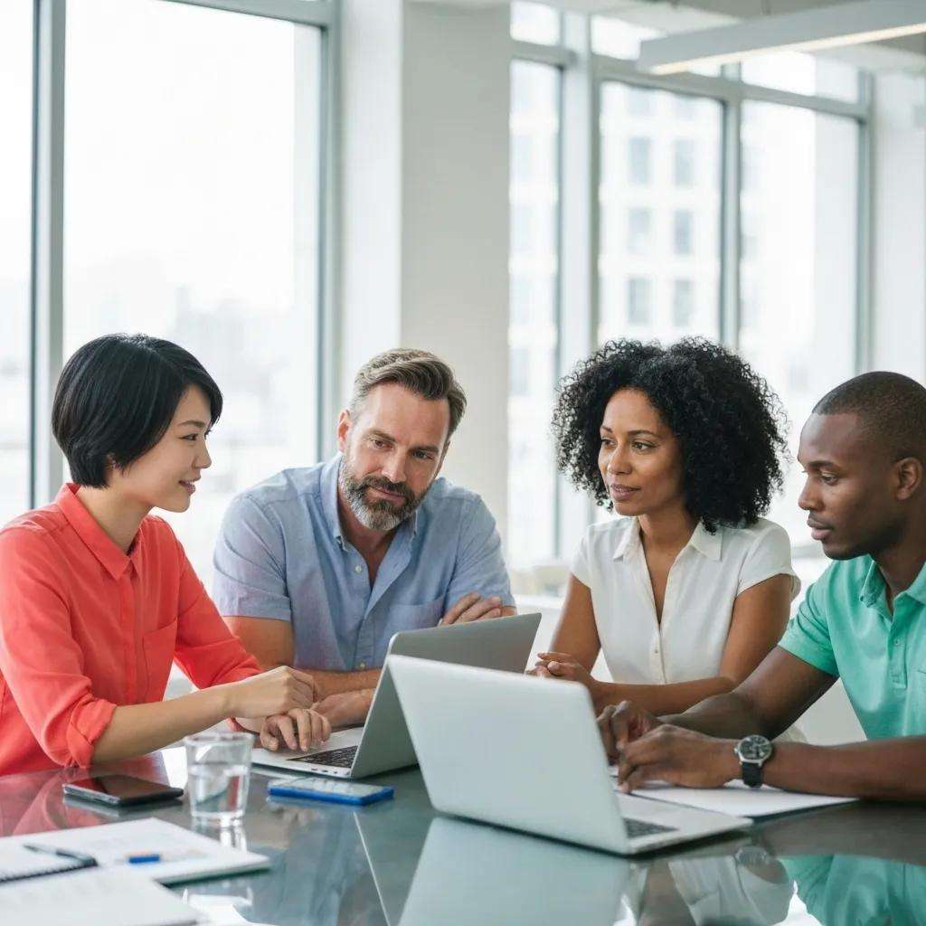 Team discussing ISO 9001 certification audit phases in a modern office