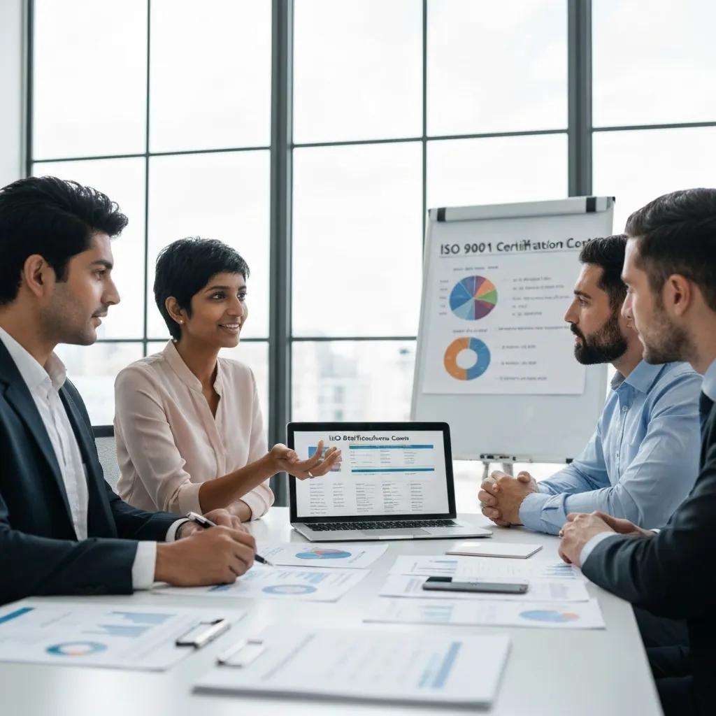 Team discussing ISO 9001 certification costs in a professional setting