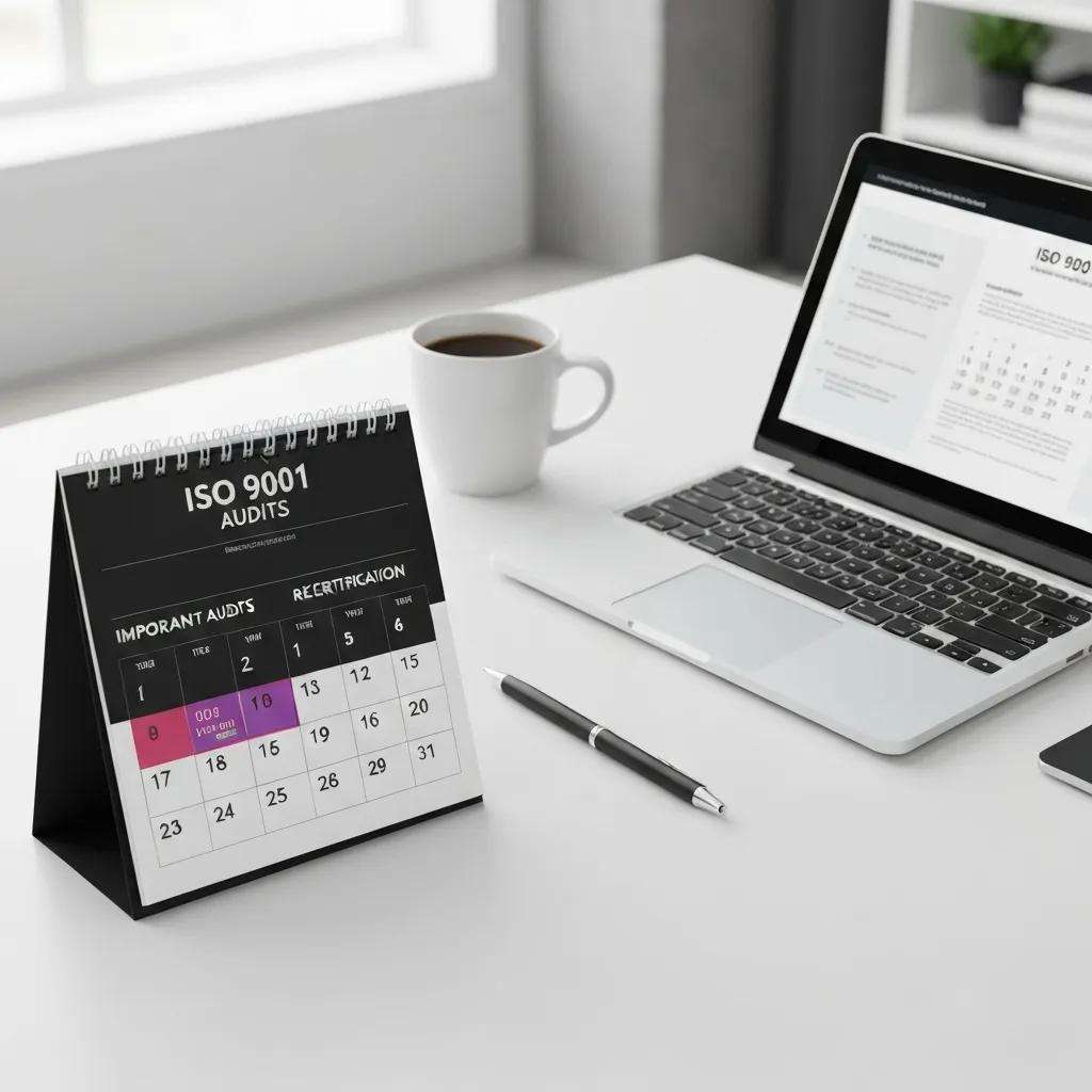 Close-up of a calendar with important ISO 9001 audit dates marked