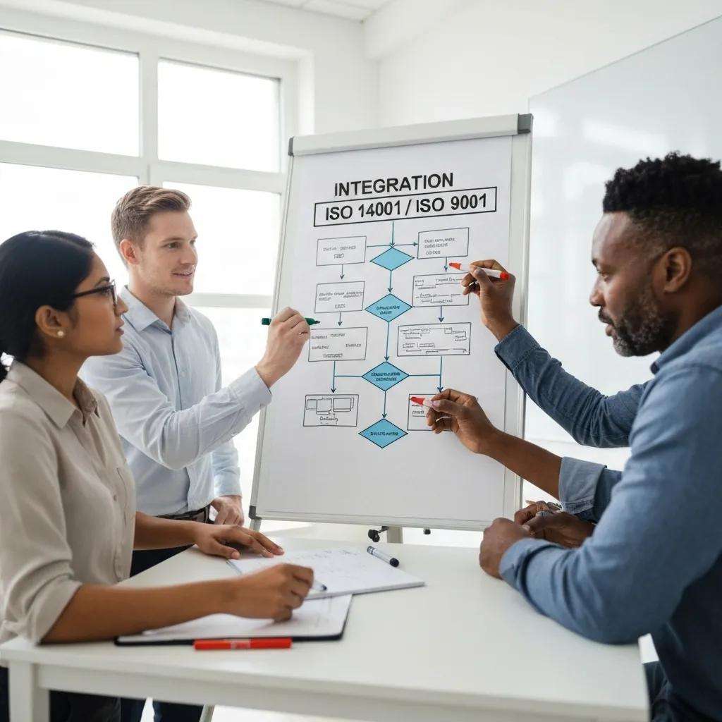 Team discussing the integration of ISO 14001 with ISO 9001 on a whiteboard