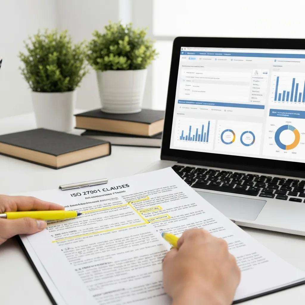 Document highlighting ISO 27001 clauses with a laptop in a compliance-focused workspace