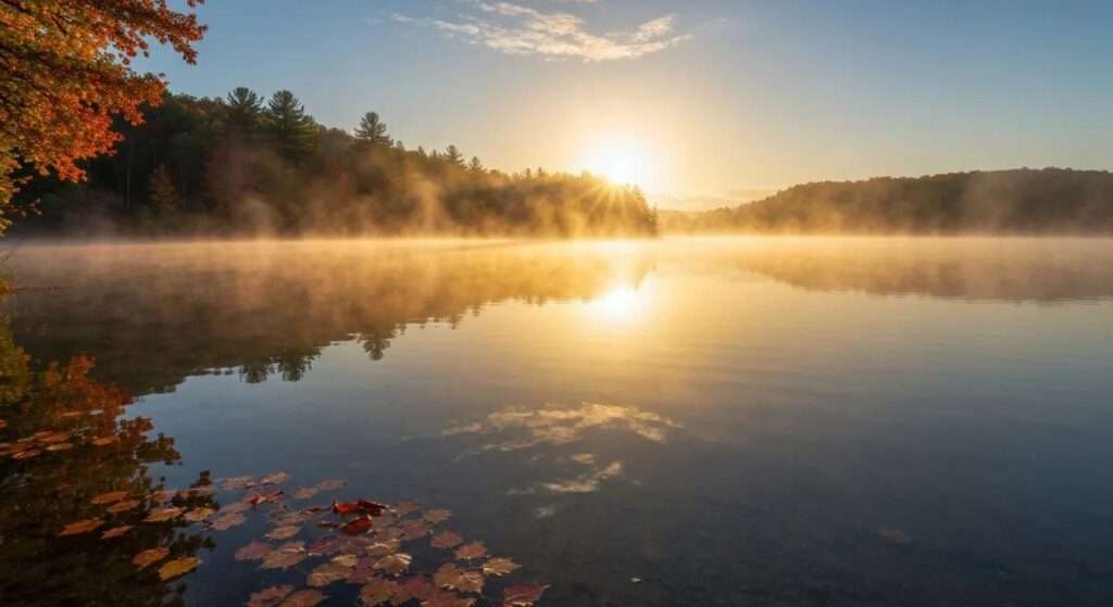 a breathtaking sunrise casts a golden hue over a tranquil lake, with mist rising from the water and vibrant autumn leaves reflected in its crystal-clear surface.