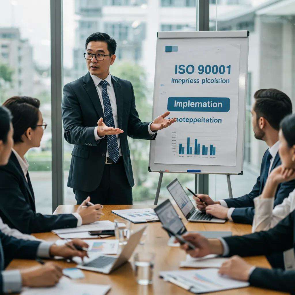 Business leader presenting on ISO 9001 implementation to a team