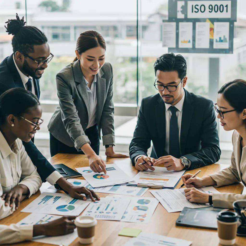 Business professionals collaborating on ISO 9001 compliance in a modern office