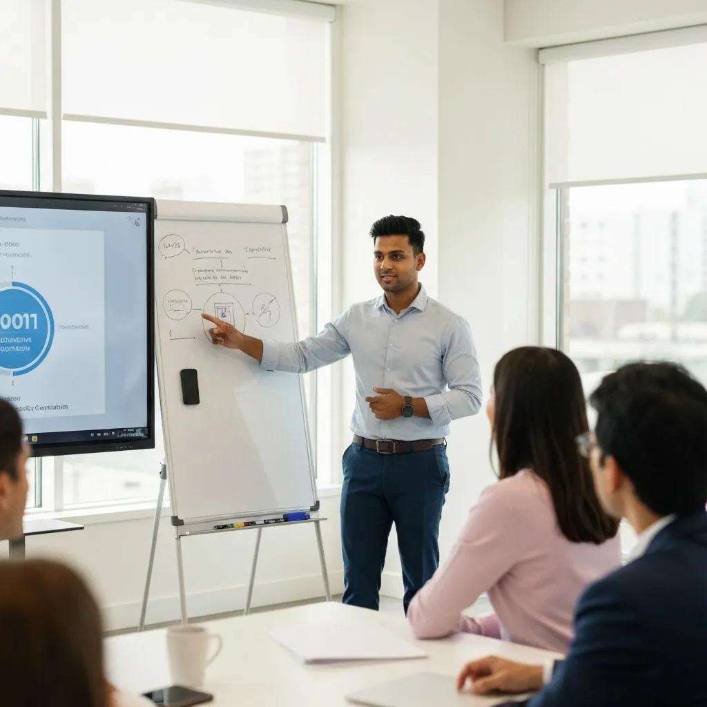 Business professionals collaborating on ISO 9001 certification in a modern office