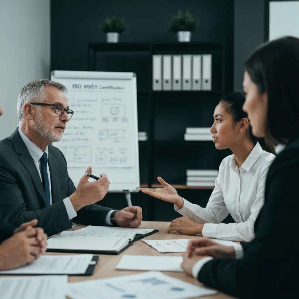 Group of business consultants discussing ISO 9001 certification in a modern office