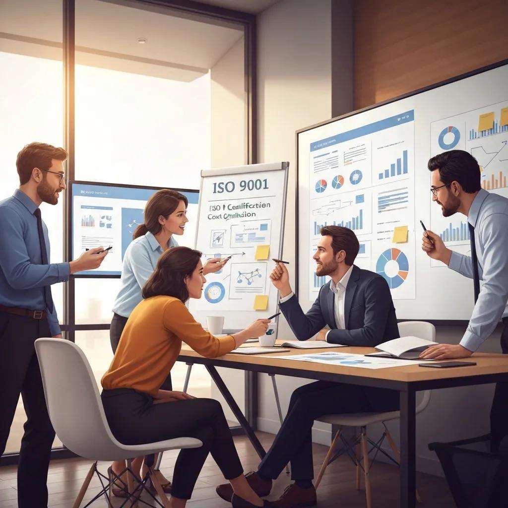 Business team brainstorming strategies for optimizing ISO 9001 certification costs