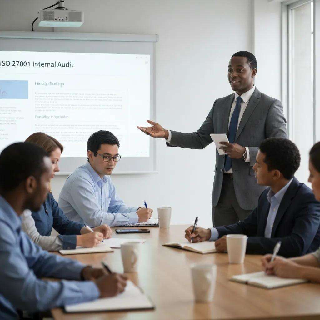 Auditor presenting ISO 27001 internal audit findings to a management team in a professional setting