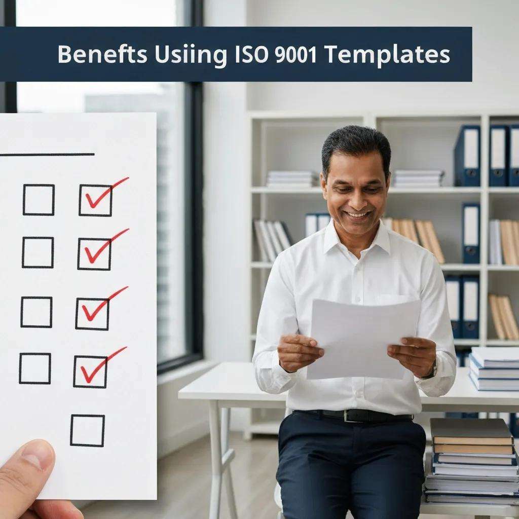 A close-up view of a checklist detailing the benefits of using ISO 9001 templates in a professional workspace