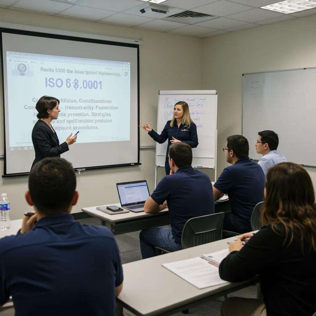 Employees participating in a training session focused on ISO 9001 compliance and nonconformity prevention strategies