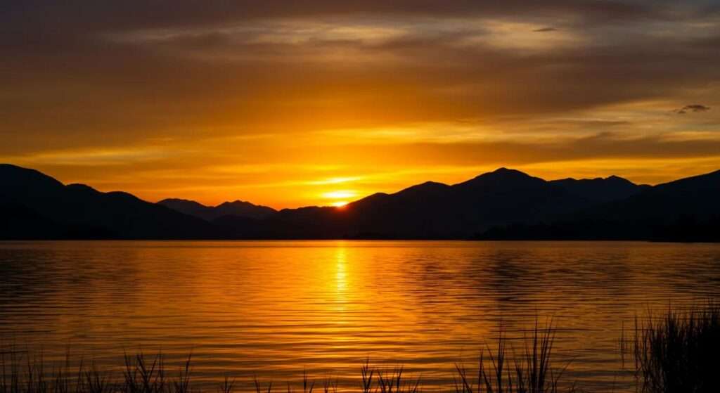 a vibrant sunset casts a warm golden glow over a tranquil lake, with silhouetted mountains rising majestically in the background, reflecting the rich hues of the sky on the water's surface.