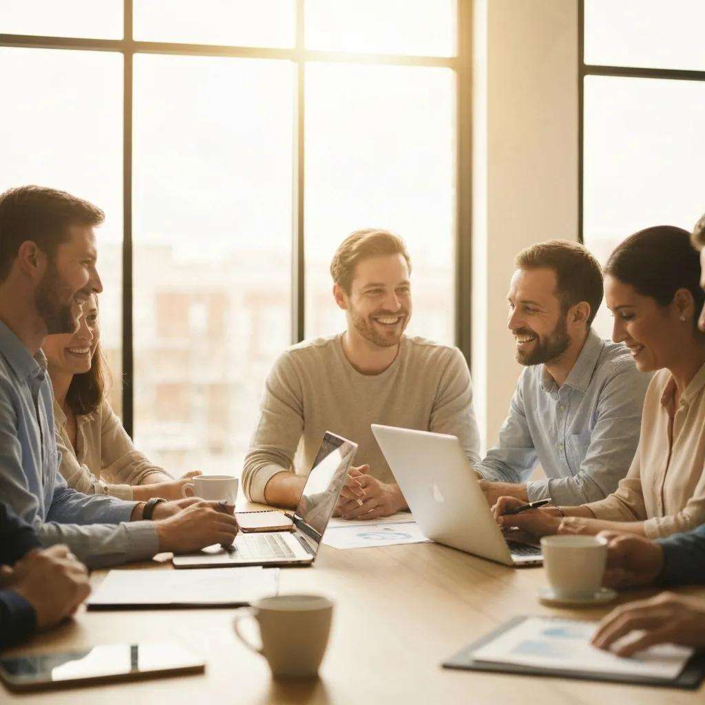 Professionals collaborating on budgeting for ISO 9001 certification in a modern office setting