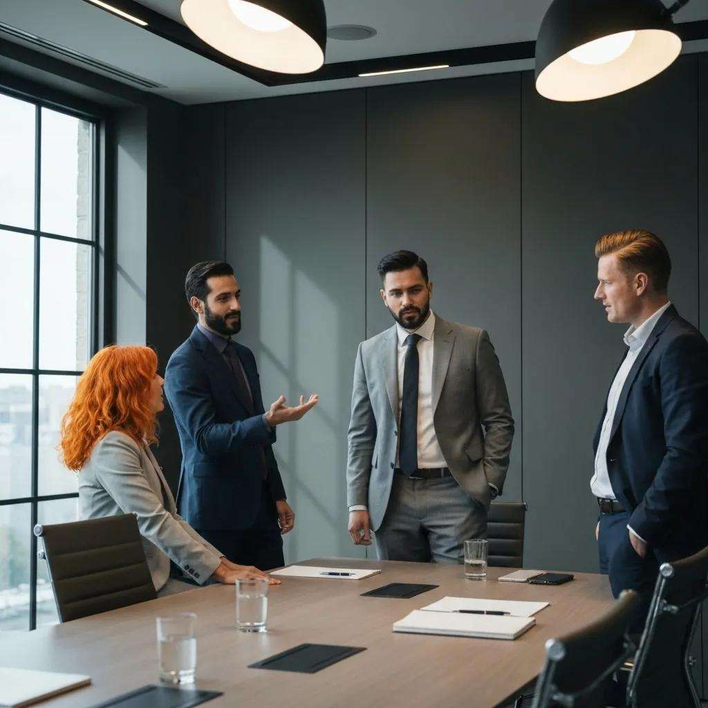 Educational leaders discussing ISO 9001 accreditation in a modern conference room