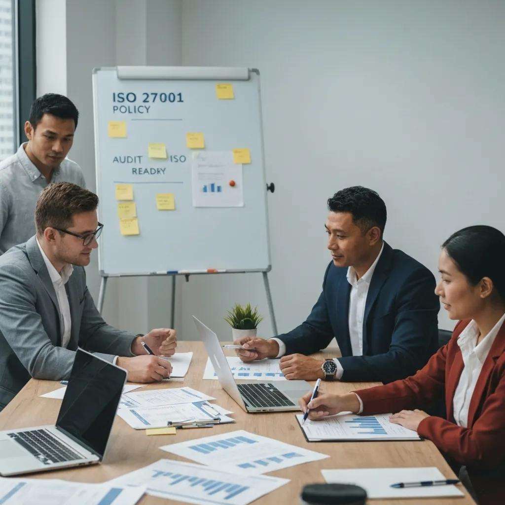 Team collaboration on ISO 27001 policy documents in a professional office setting