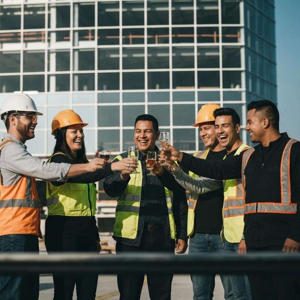 Construction team celebrating successful project completion linked to ISO 9001 certification