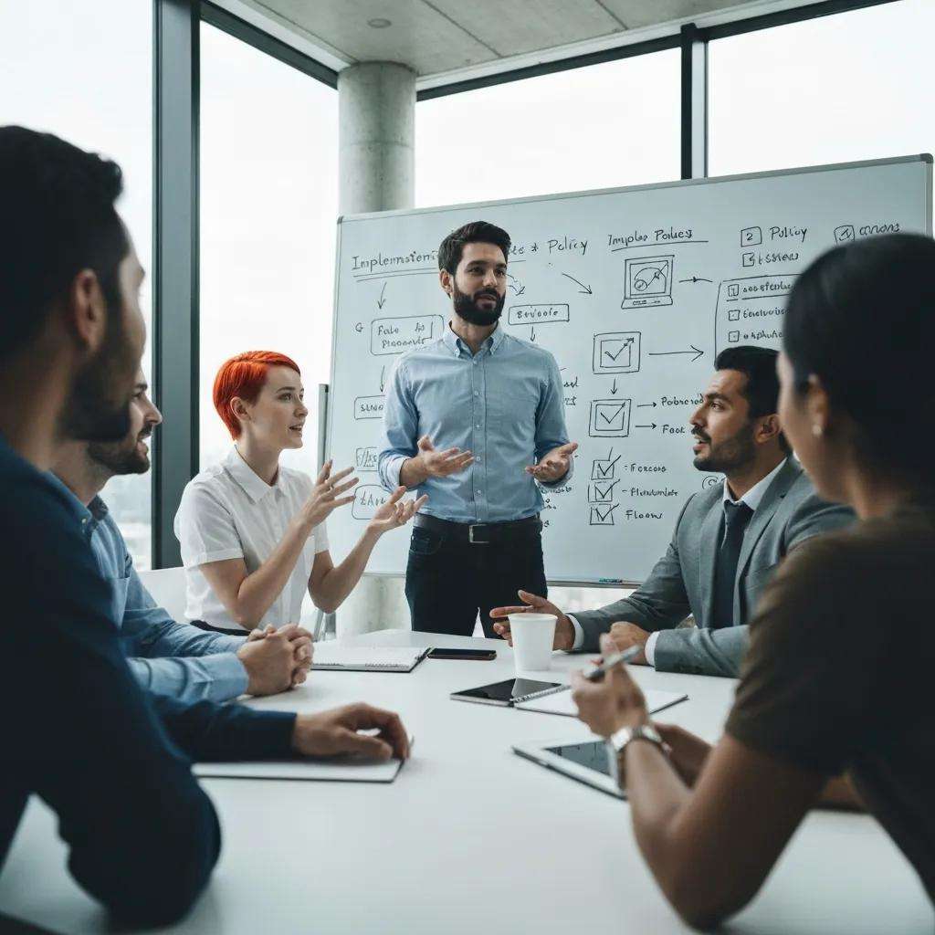 Team meeting discussing ISO 27001 security policy implementation