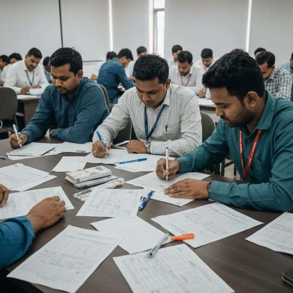 Staff members actively participating in practical exercises involving ISO 9001 templates during a simulated audit scenario