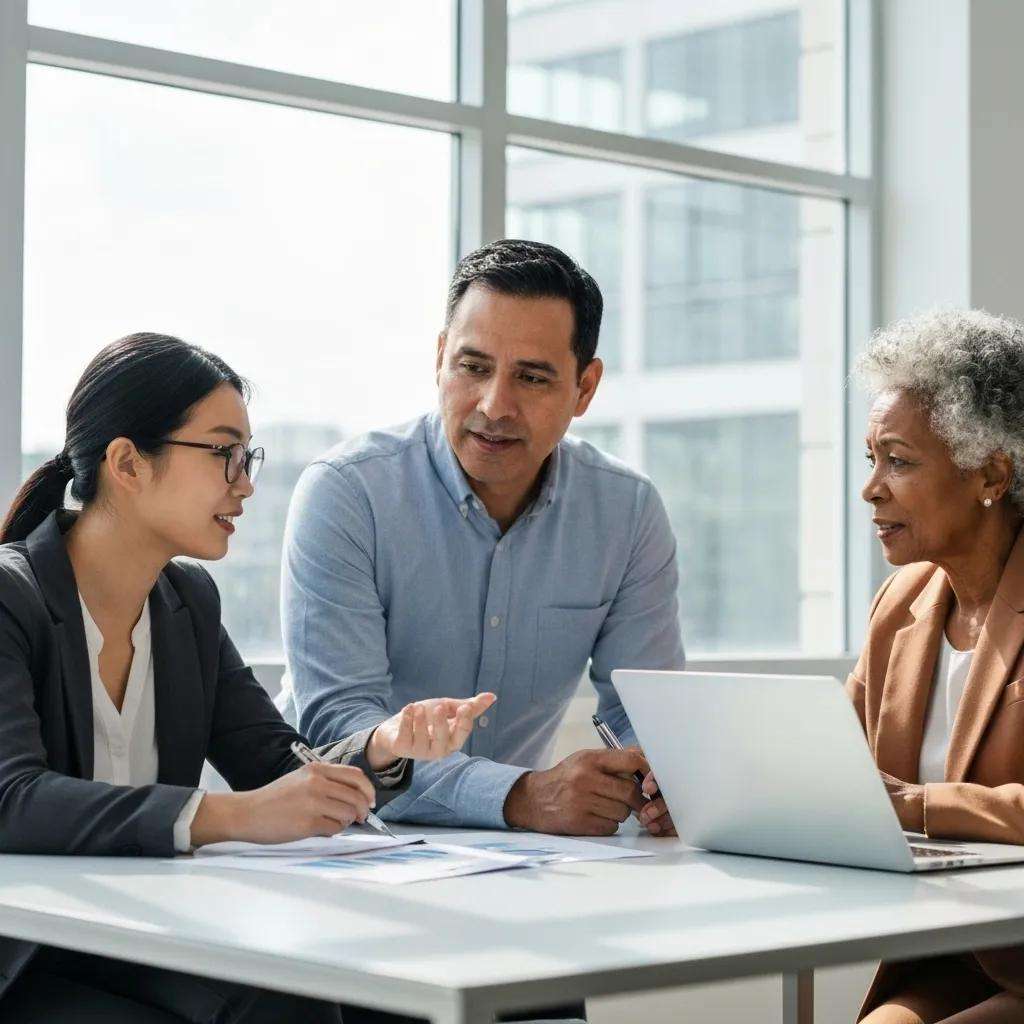 Business professionals collaborating on ISO certification in a modern office