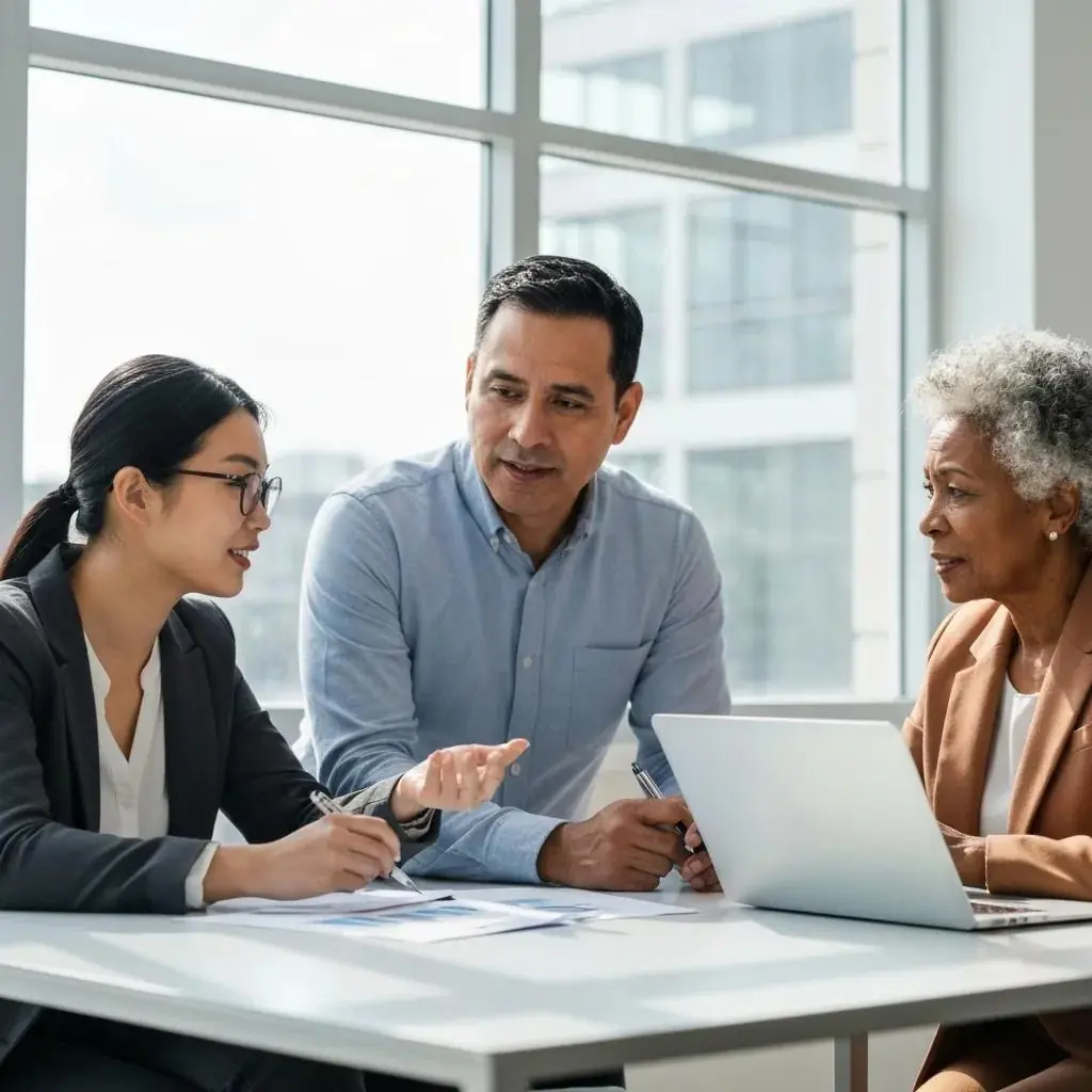 Business professionals collaborating on ISO certification in a modern office