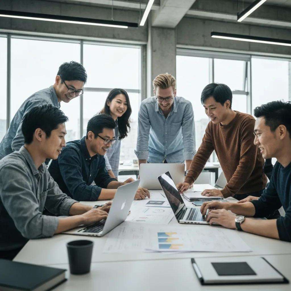 Professionals collaborating on ISO 9001 templates in a modern office