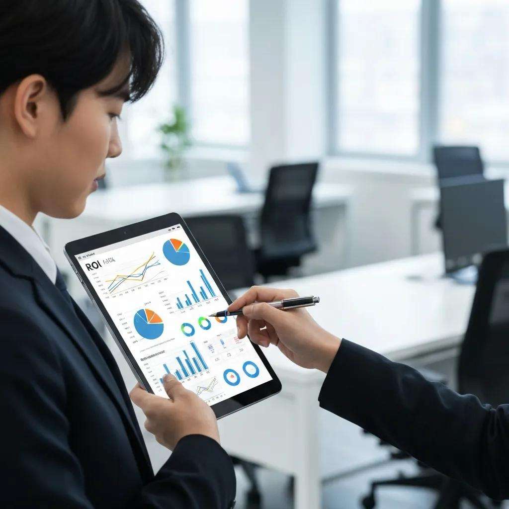 Business professional calculating ROI for ISO 9001 certification in a modern office