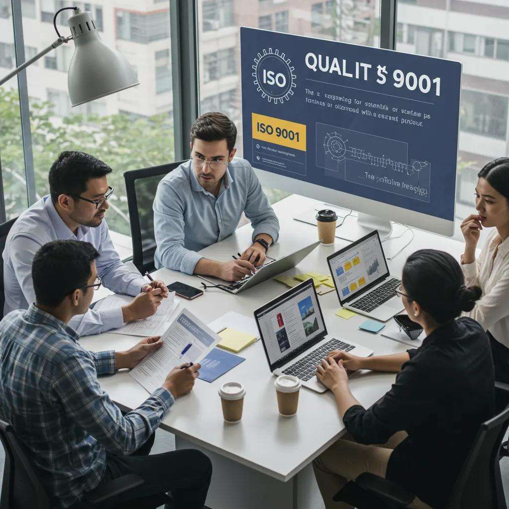 A team of quality management professionals engaged in a discussion about ISO 9001 compliance within a modern office setting