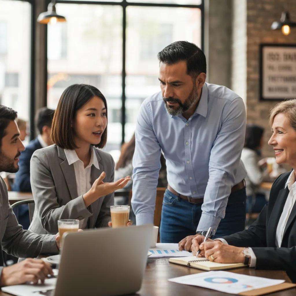 Business professionals discussing ISO certification in a collaborative environment