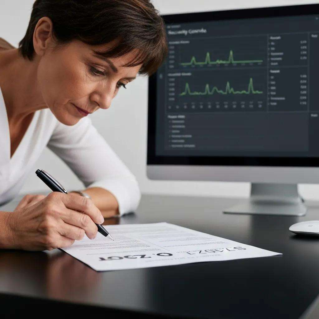 Analyzing ISO 27001 controls document with security metrics in the background