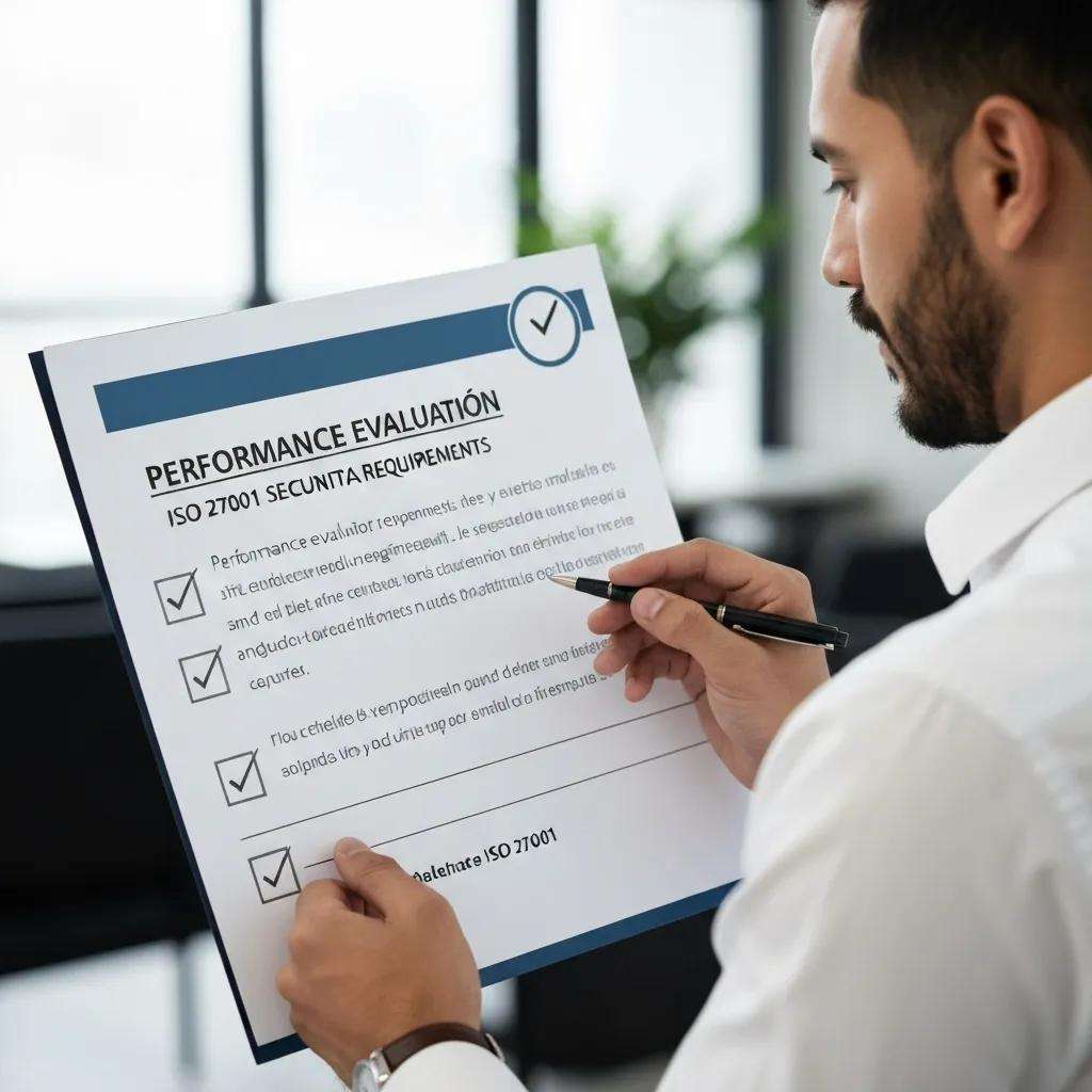 Professional reviewing a checklist for ISO 27001 performance evaluation requirements