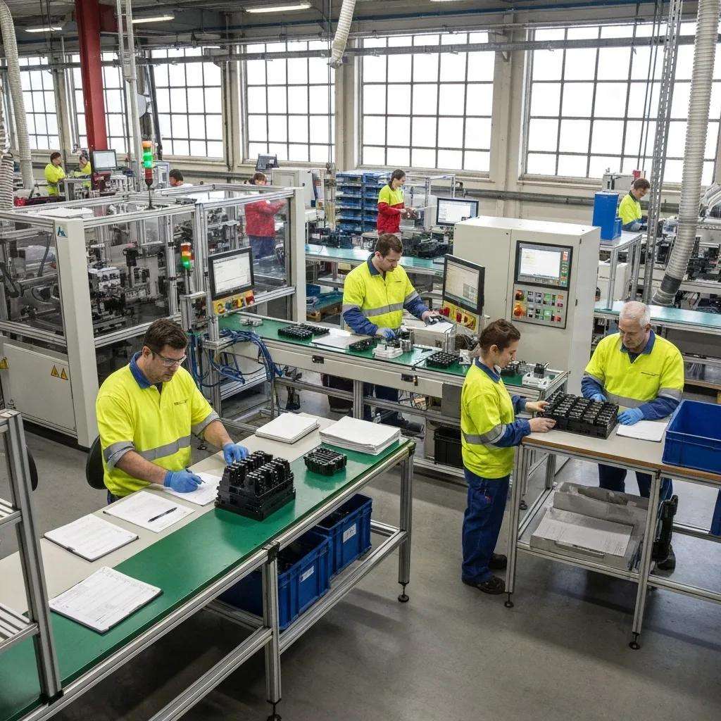 Manufacturing facility showcasing quality management processes and teamwork