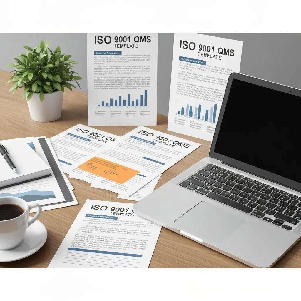 ISO 9001 QMS templates displayed on a desk in a productive workspace
