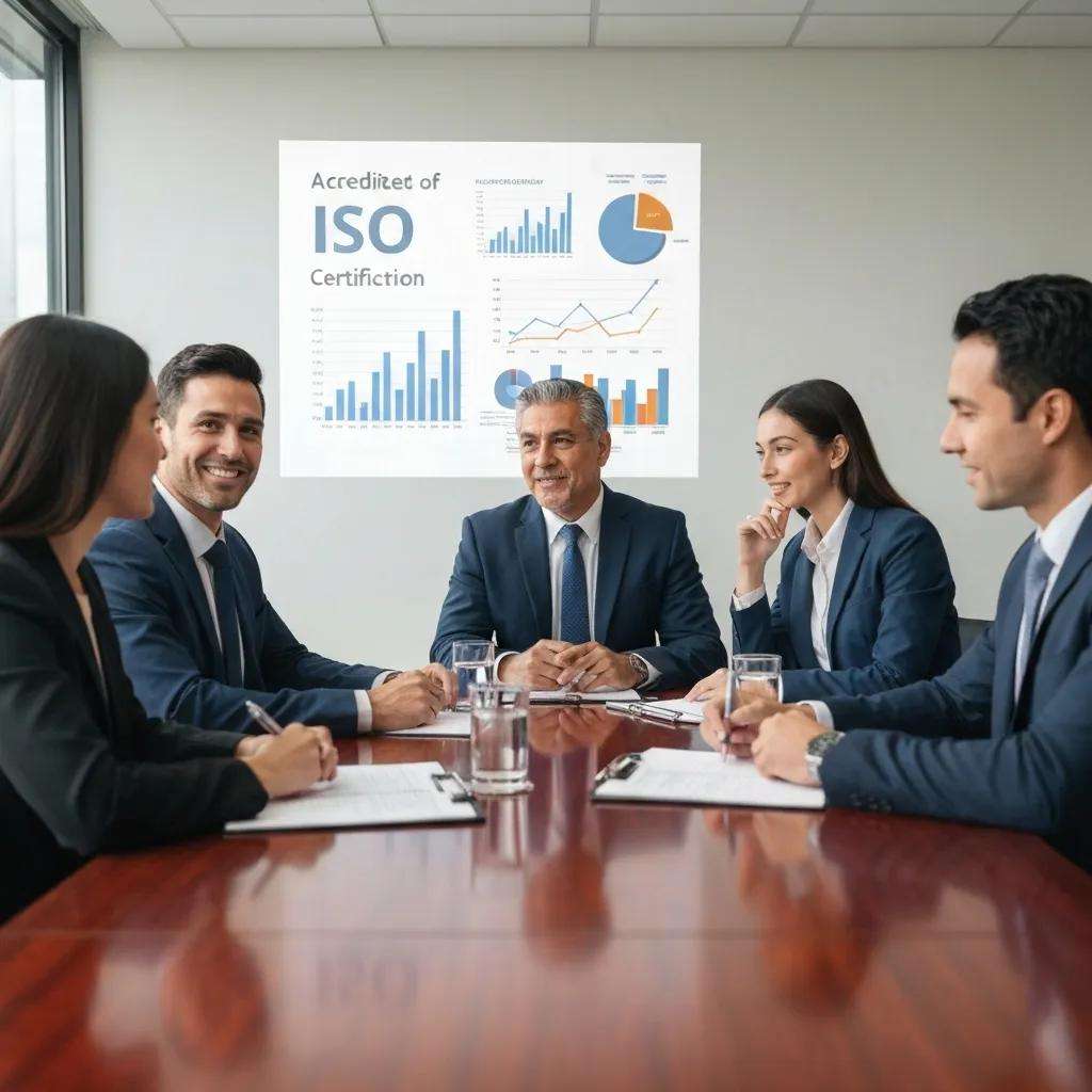 Stakeholders discussing the market benefits of accredited ISO certification in a business meeting