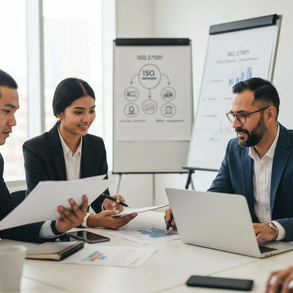 Business professionals collaborating on ISO 27001 certification in a modern office setting