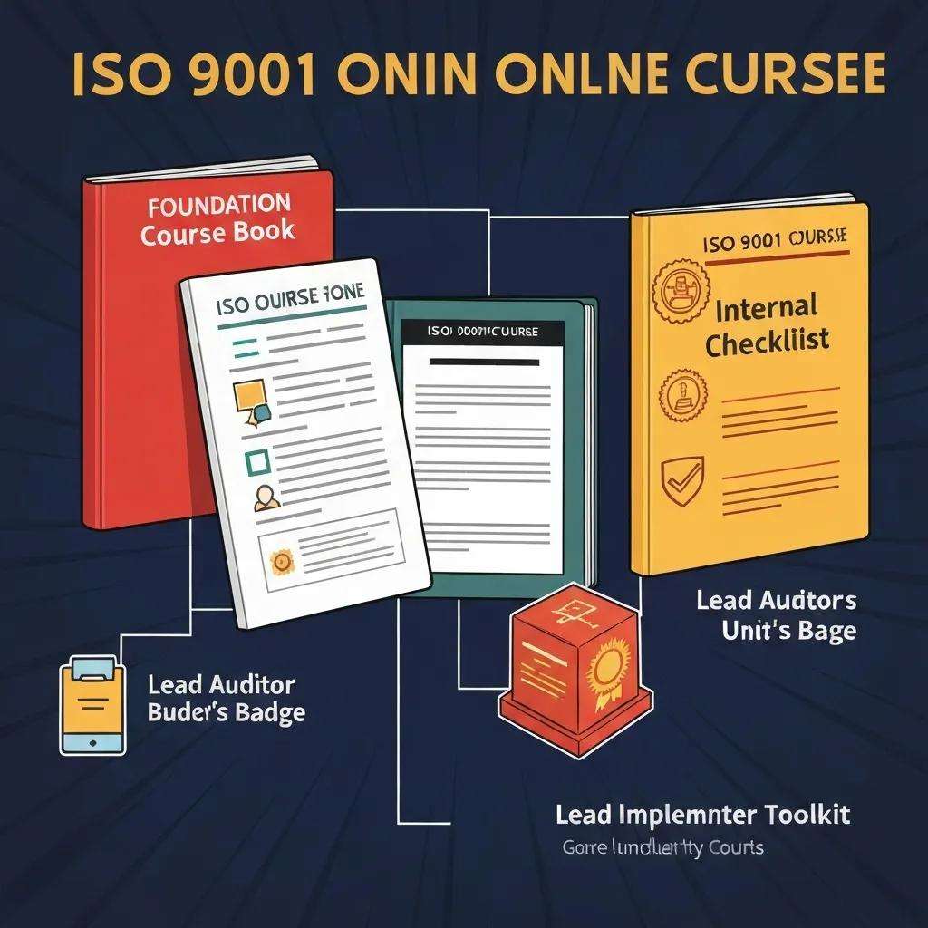 Visual representation of various ISO 9001 online course types including foundation, internal auditor, lead auditor, and lead implementer