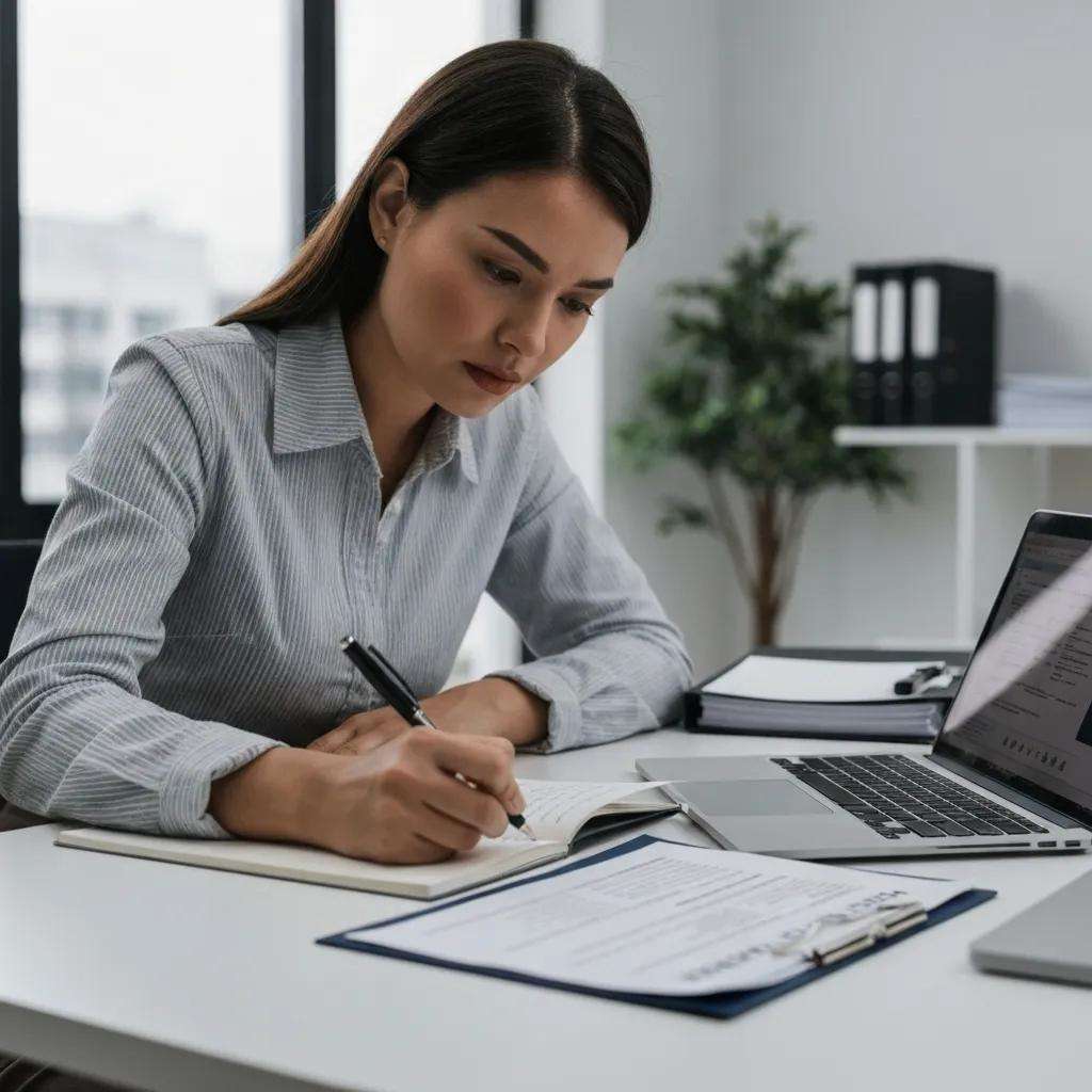 Auditor reviewing documents and making notes during an ISO 27001 internal audit