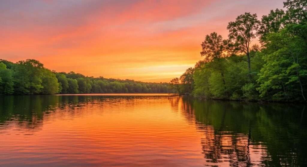a breathtaking sunset paints the sky in vibrant hues of orange and pink, reflecting off a tranquil lake surrounded by lush, green trees.