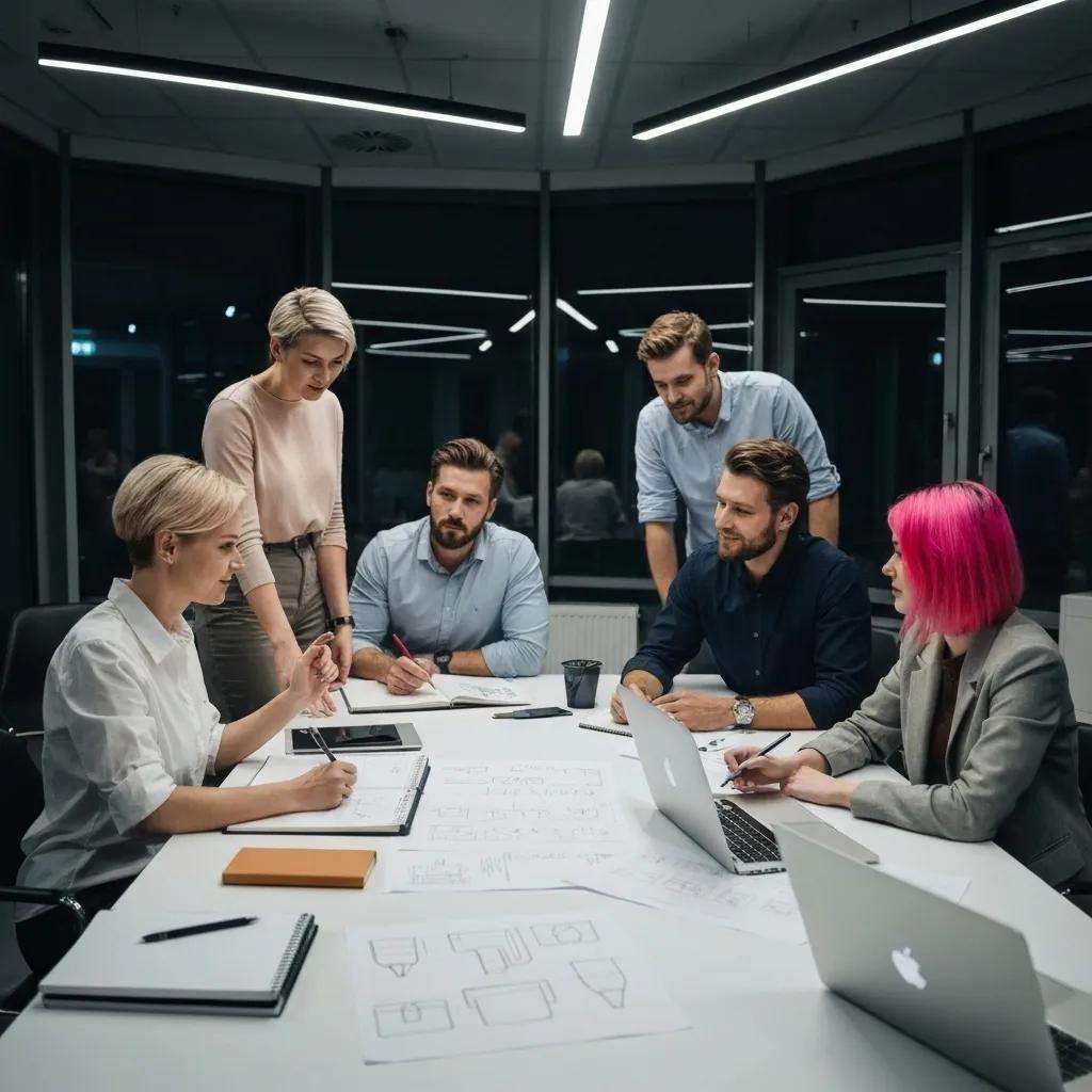 Business professionals collaborating on ISO 9001 certification strategies in a modern office